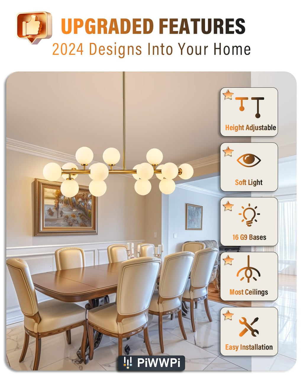 Modern Linear Chandeliers for Dining Room, 8-Light Globe Sputnik Pendant Ceiling Light, Black Dining Room Light Fixture Over Table, Mid Century Glass Milk White Bubble, 31.5 Inch, GC-09