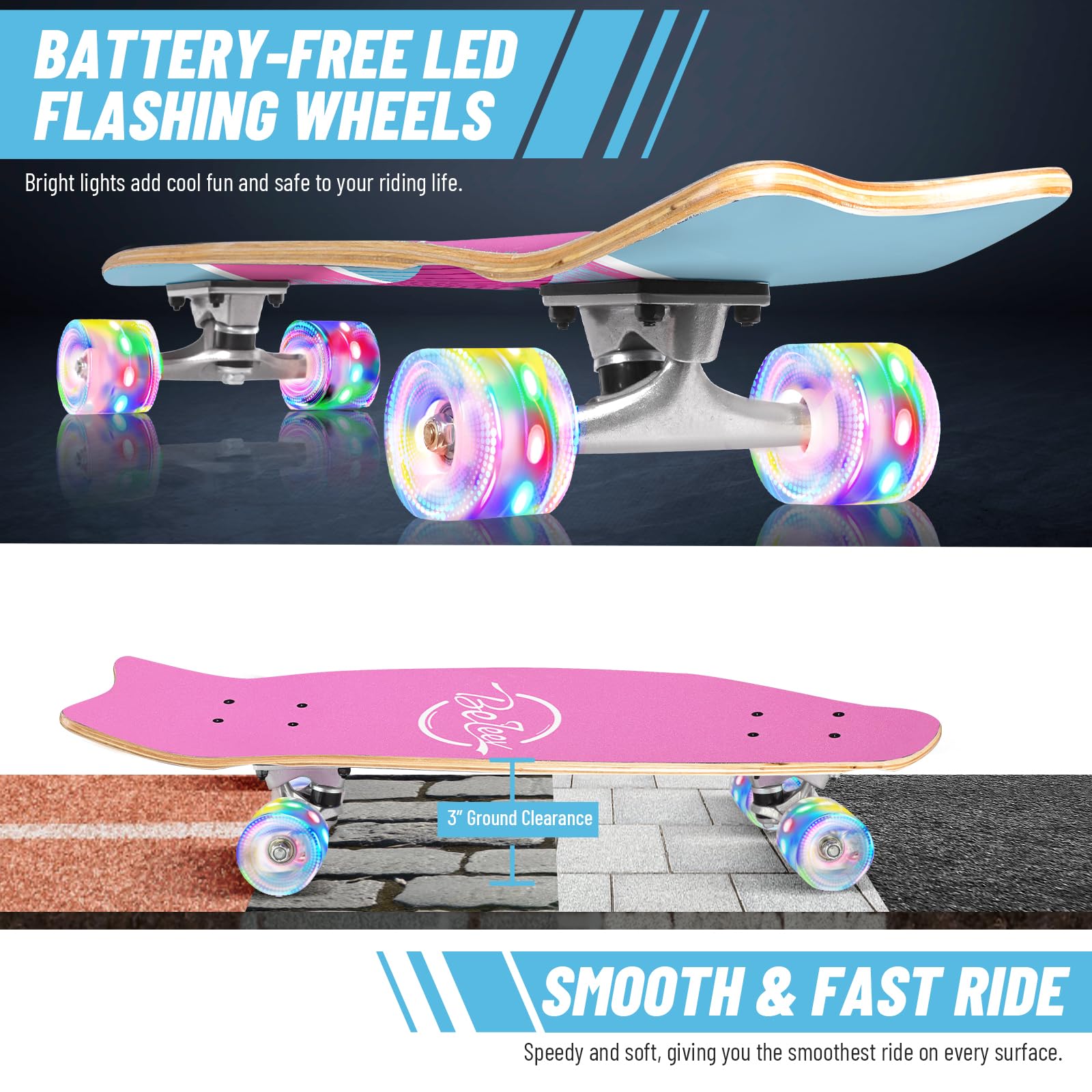 BELEEV Cruiser Skateboards for Beginners, 27 x 8 inch Complete Skateboard for Kids Teens Adults, 7 Ply Canadian Maple Double Kick Deck Concave Skateboard with Skate T-Tool