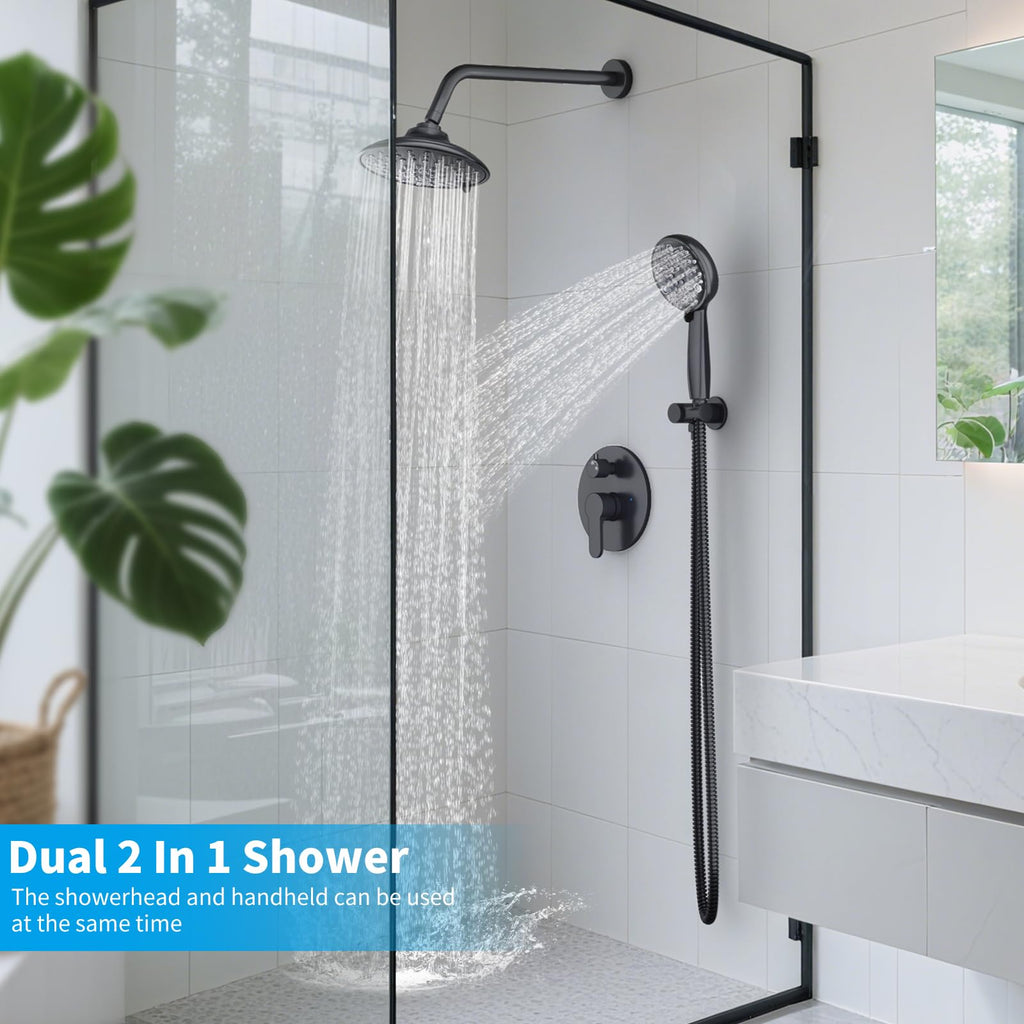 EMBATHER Shower Faucets Sets Complete, with 3 Setting High Pressure Shower Head Combo, Bathroom Wall Mounted Rainfall Shower System Fixtures with 8-Mode Handheld Spray, Brushed Nickel