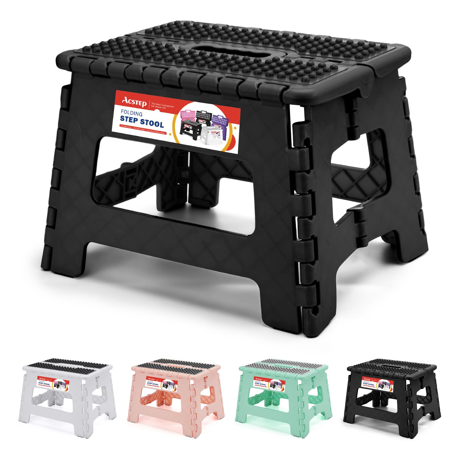 ACSTEP 9 Inch Folding Step Stool 300 LB Capacity Plastic Foldable Step Stools for Kids and Adults, Folding Stool Suitable for Kitchen, Stepping Stool with Handle Bicolor Green Small Step Stool 1PC