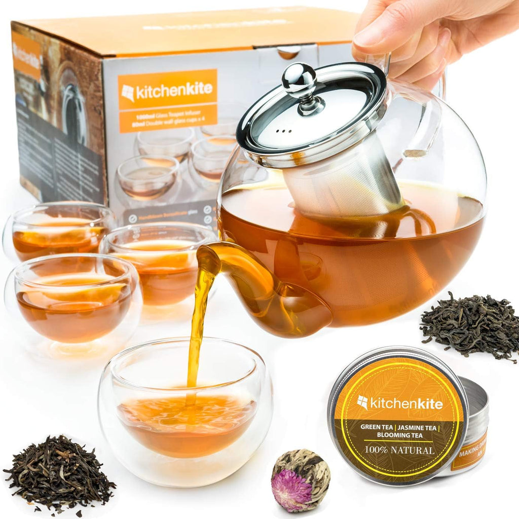Kitchen Kite Glass Teapot Set with 4 Double Wall Tea Cups & Removable Stainless Steel Infuser, 35oz/1000ml Borosilicate Tea Kettle Stovetop Safe, Loose Leaf & Blooming Tea Maker Gift Set for Women