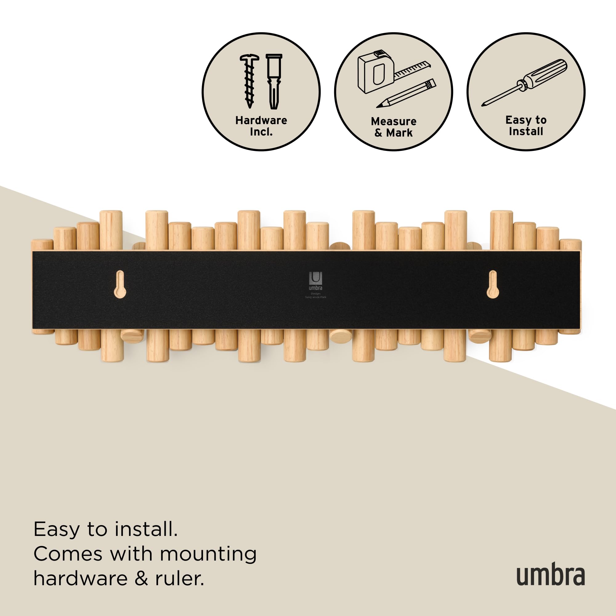 Umbra Picket Wall-Mounted Coat Rack Rail Hook with 5 Retractable Wood Pegs – Modern, Space-Saving Storage Organizer, Black