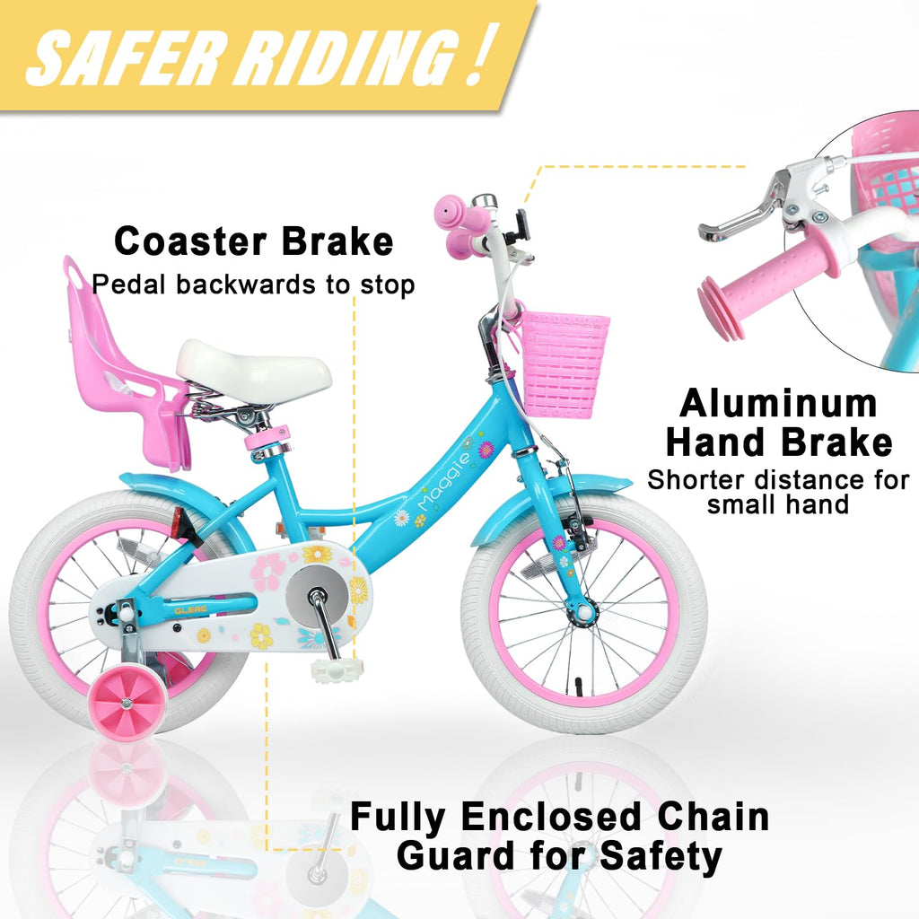 Glerc Maggie Girls Bike, 12-20 Inch Kids Bike for 2-13 Years Old Children, Princess Style Kids Bicycle with Doll-Seat & Basket & Training Wheels, Multiple Colors