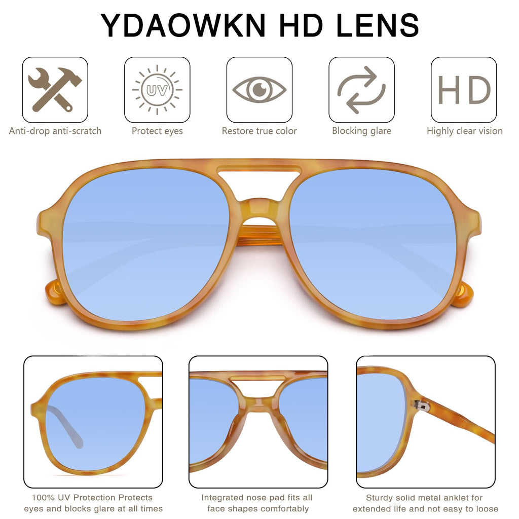 YDAOWKN Retro Square Aviator Sunglasses for Womens Mens Vintage 70s Double Bridge Sun Glasses