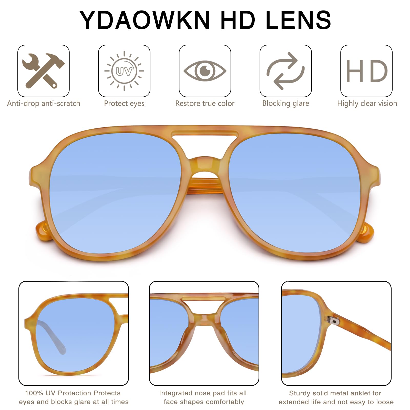 YDAOWKN Retro Square Aviator Sunglasses for Womens Mens Vintage 70s Double Bridge Sun Glasses