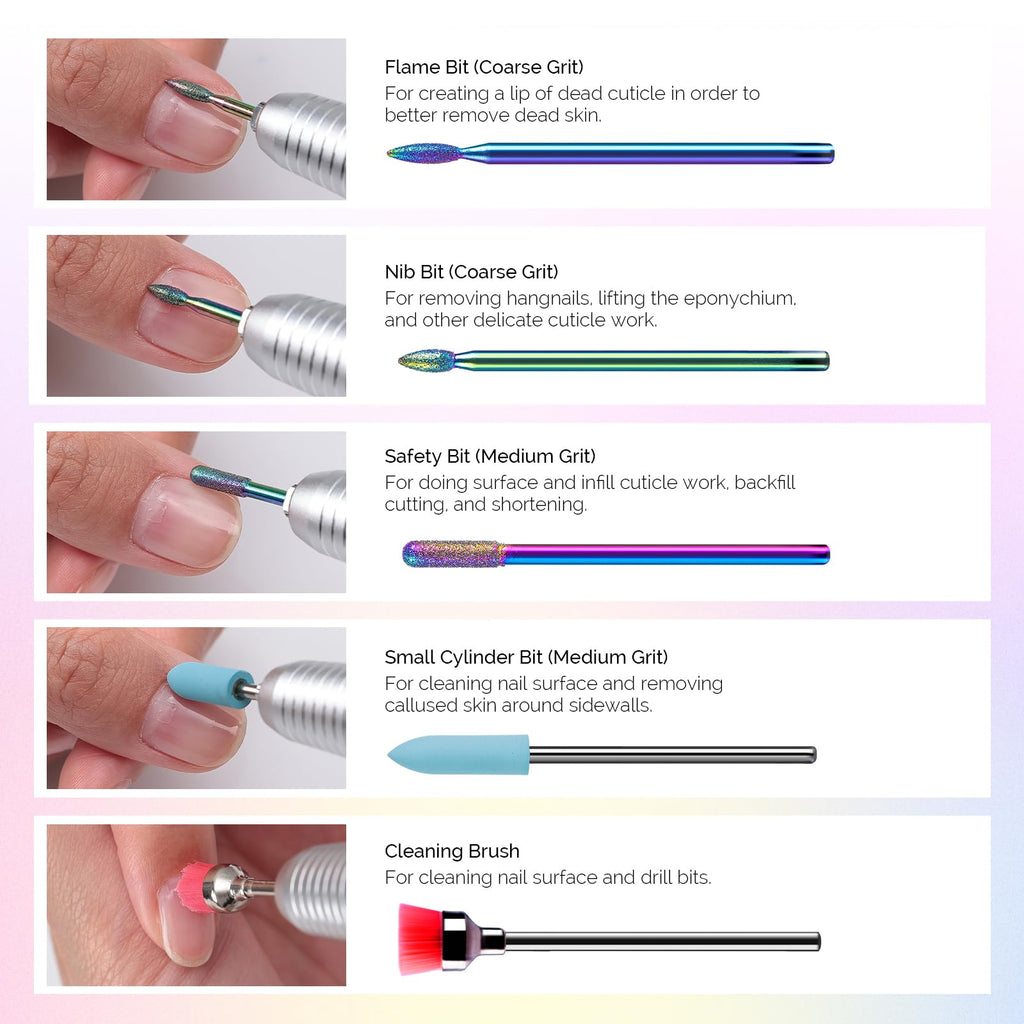 MelodySusie 10pcs Nail Drill Bits Set, 3/32 Inch Diamond Cuticle Bits for Nail Drill E-File, Manicure Pedicure Remover Tools for Acrylic Gel Nails, Salon Home Use Nail Care Supplies, Rainbow
