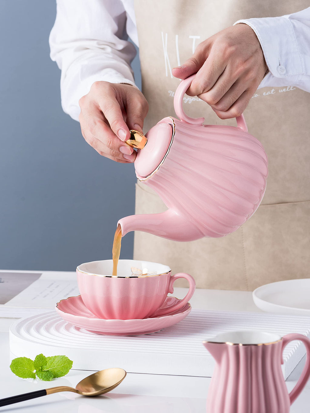 Jusalpha Serve for 6- Fine China Pink Coffee Cup/Teacup Set, 8 OZ Cups& Saucer, with Teapot-Sugar Bowl-Cream Pitcher Teaspoons and tea strainer for Tea/Coffee (Lavender, Serve of 6)
