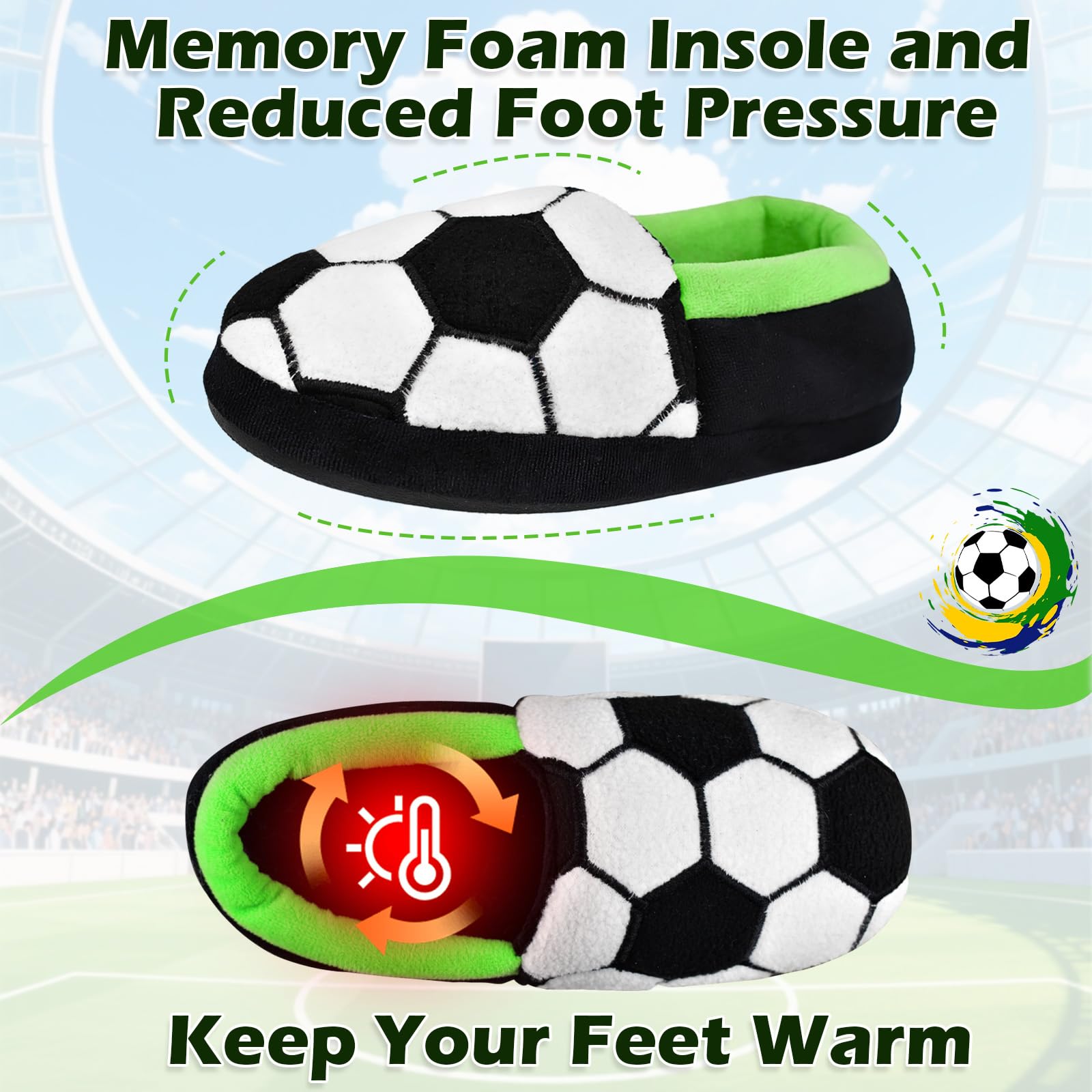Little Kids Big Boys Warm Slippers with Soft Memory Foam Slip-on Indoor Football Slippers