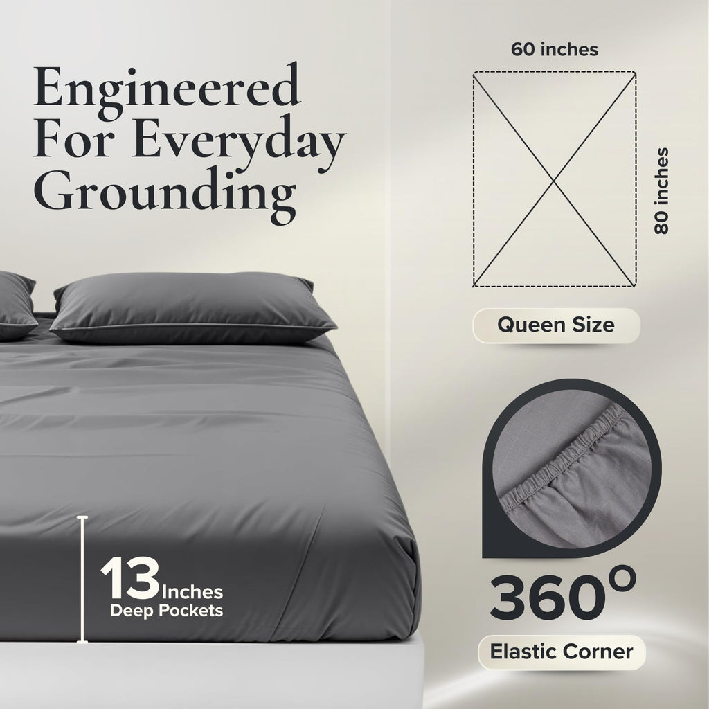 Earthing Grounding Sheets Twin Size(Grey) - 400 Thread Count Soft Earthing Sheets w/Cotton, Silver Fiber - Reinforced Grounding Cord for Conductivity – Ideal Grounding Bed Sheets for Better Sleep