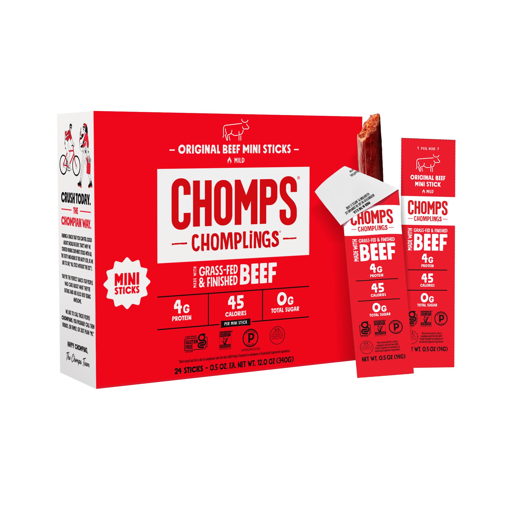 Chomps Snack Size Grass-Fed and Finished Jalapeño Beef Jerky Snack Sticks 0.5oz 24-Pack - Keto, Paleo, Whole30, 4g Lean Meat Protein, Gluten-Free, Zero Sugar Food, Non-GMO Chomplings