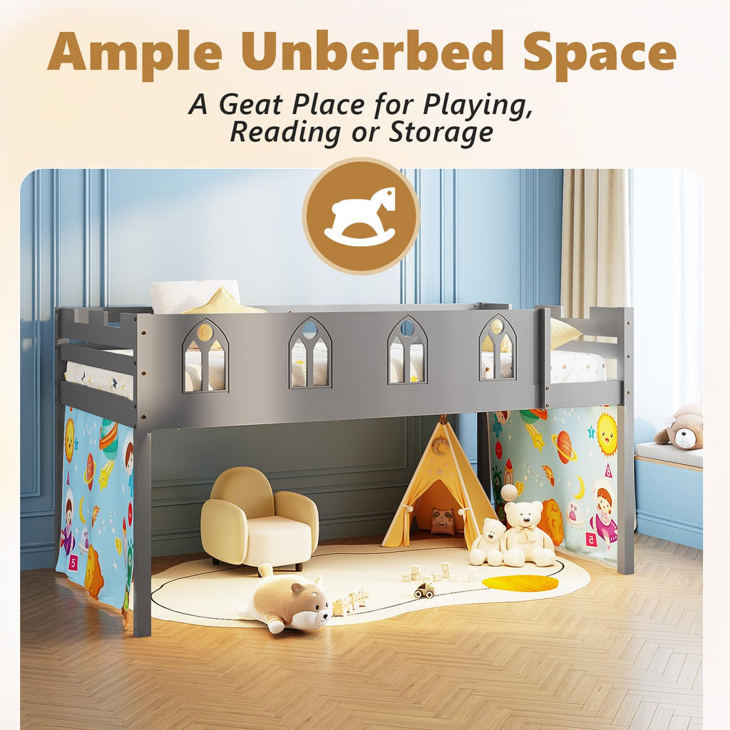 JOYMOR Low Loft Bed Twin Size with LED Lights, 4 Storage Shelves, Removable Curtain, Kids Wood Loft Bed with 15" H Safety Guardrail, Spave Saving, Mattress Not Included (Gray)