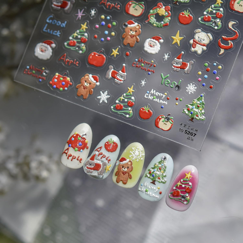 Christmas Nail Art Stickers Decals 5D Embossed Santa Claus Xmas Tree Nail Decals with Crystal 1PCS Cute Bear Bow Candy Cane Snowflake Christmas Nails Adhesive Stickers for Holiday Manicure Decorations