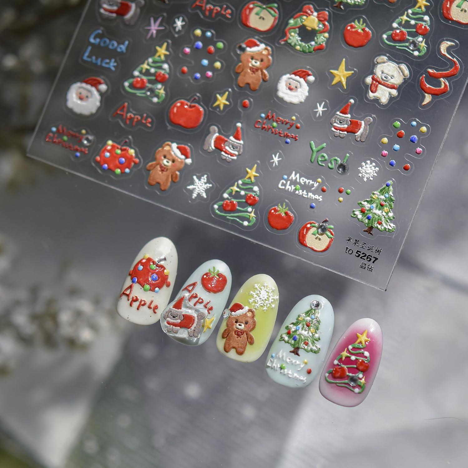 Christmas Nail Art Stickers Decals 5D Embossed Santa Claus Xmas Tree Nail Decals with Crystal 1PCS Cute Bear Bow Candy Cane Snowflake Christmas Nails Adhesive Stickers for Holiday Manicure Decorations