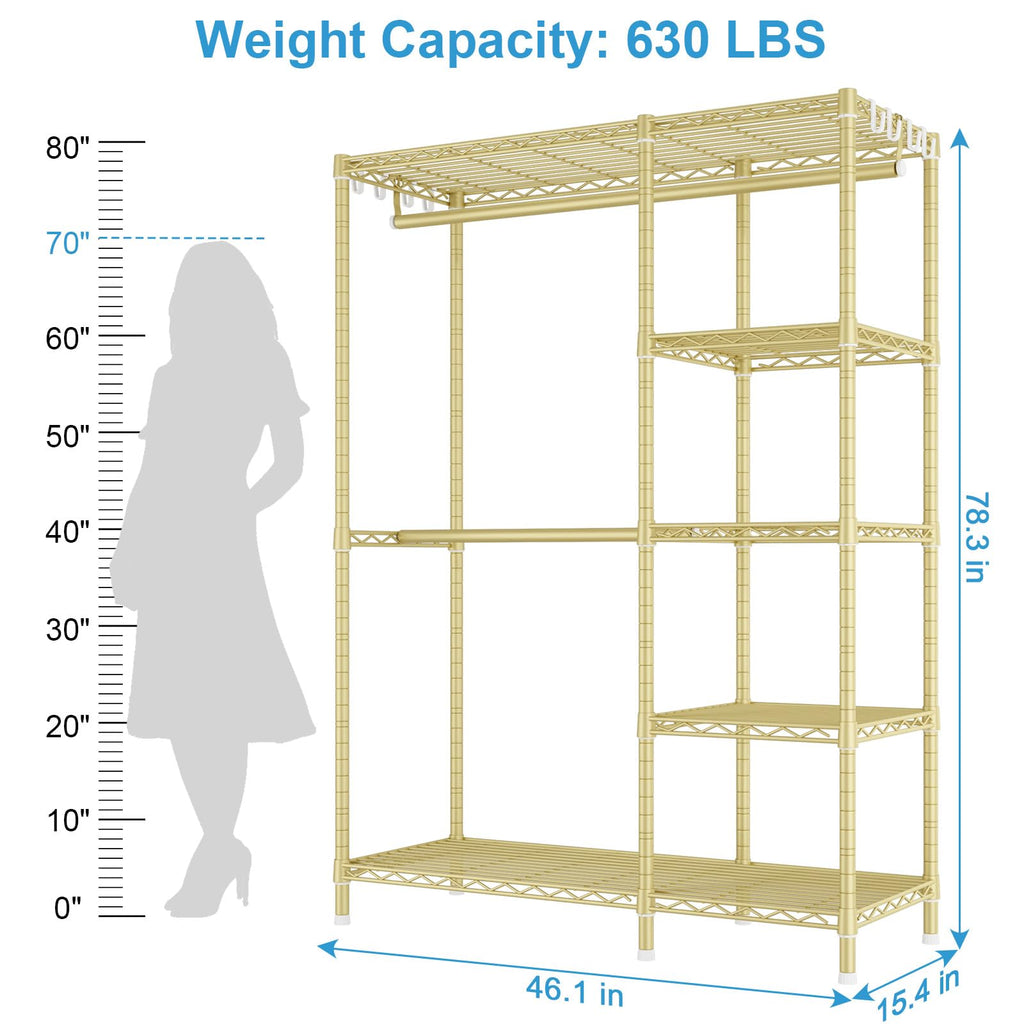 Ulif F2 Clothes Rack, 5 Tiers Heavy Duty Garment Rack for Bedroom, Freestanding Adjustable Closet Storage Organizer, 46.1" W x 15.4" D x 78.3" H, Load 630lbs, Upgraded Black