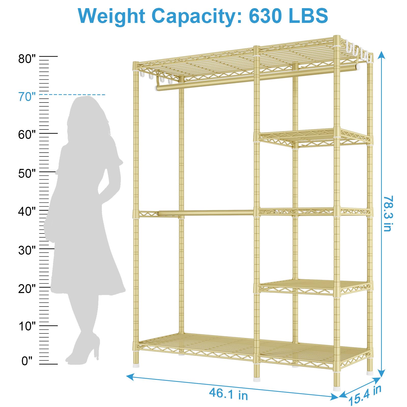 Ulif F2 Clothes Rack, 5 Tiers Heavy Duty Garment Rack for Bedroom, Freestanding Adjustable Closet Storage Organizer, 46.1" W x 15.4" D x 78.3" H, Load 630lbs, Upgraded Black