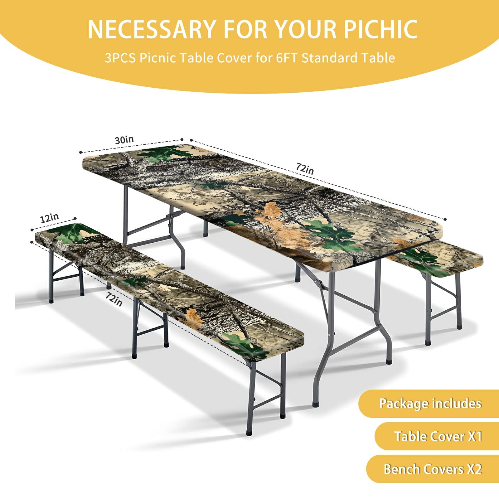 Park Picnic Table Cover with Bench Covers Lightweight Camping Essentials, Oil-Proof Waterproof 3PCS Tablecloth with Elastic, Fitted for Table 6FT Rectangle and Seats, American Flag Eagle (72x30in)