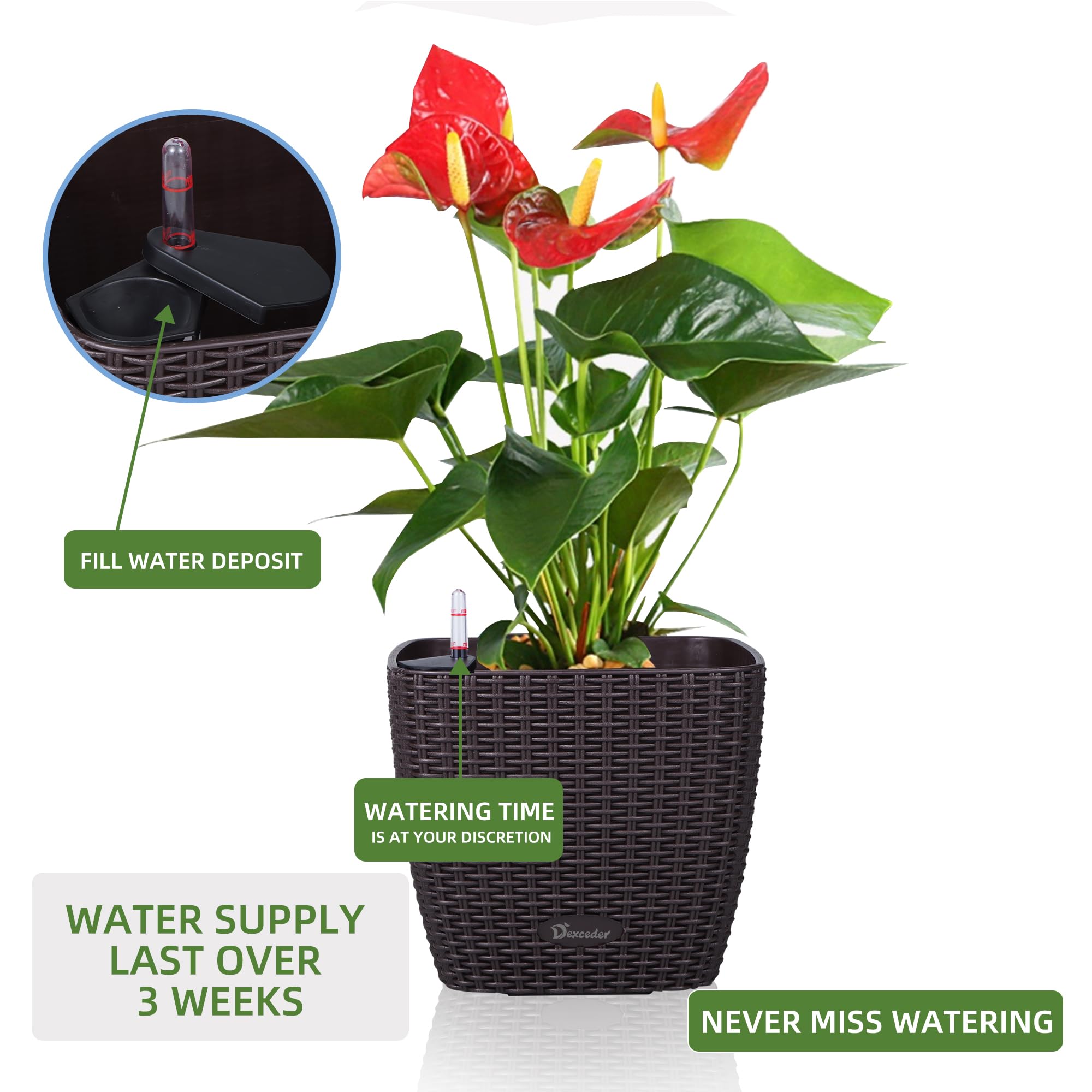 Dexceder 9x8 Self Watering Planter (Black High Gloss) | Inner Mat Design, Thickened Table Flower Plant Pot with Water Level Indicator Indoor Outdoor