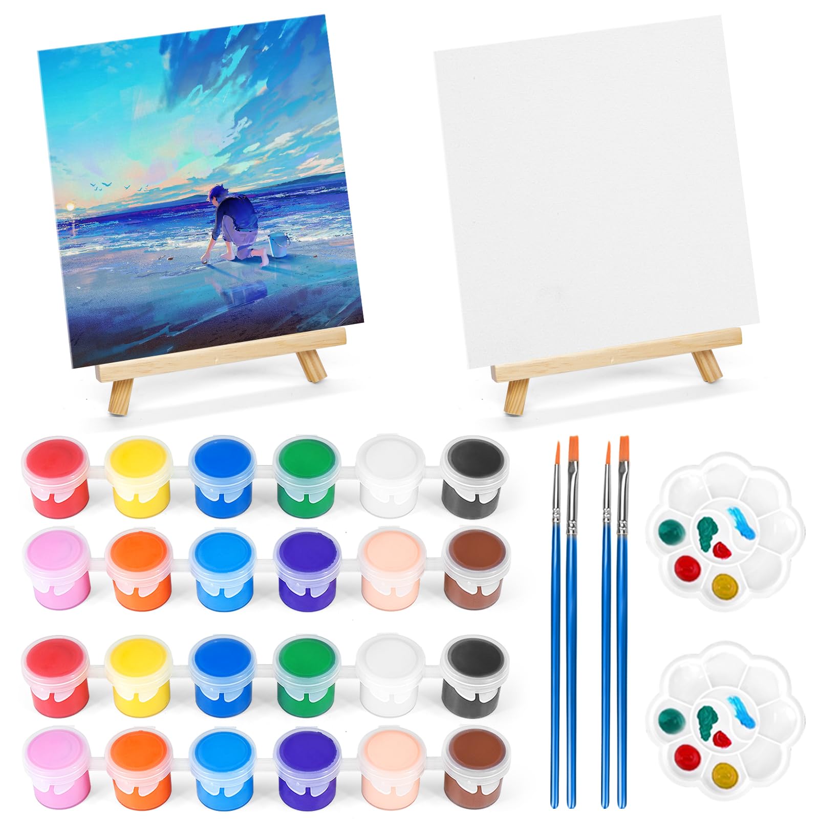 2 Pack 8 * 10In Canvas Boards for Painting, Art Canvas for Drawing with 4 Brushes & 2Paint Trays & 4 Acrylic Paint, Mini Painting Canvas with Easel Set, Painting Kits for Adults Party