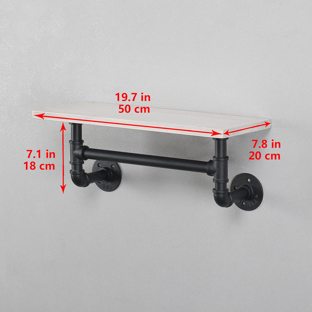 MBQQ Industrial Pipe Shelf Bathroom Shelves Wall Mounted,19.6in Rustic Wood Shelf with Towel Bar,1 Tier Farmhouse Towel Rack,Pipe Shelving Floating Shelves Towel Holder,Black & White