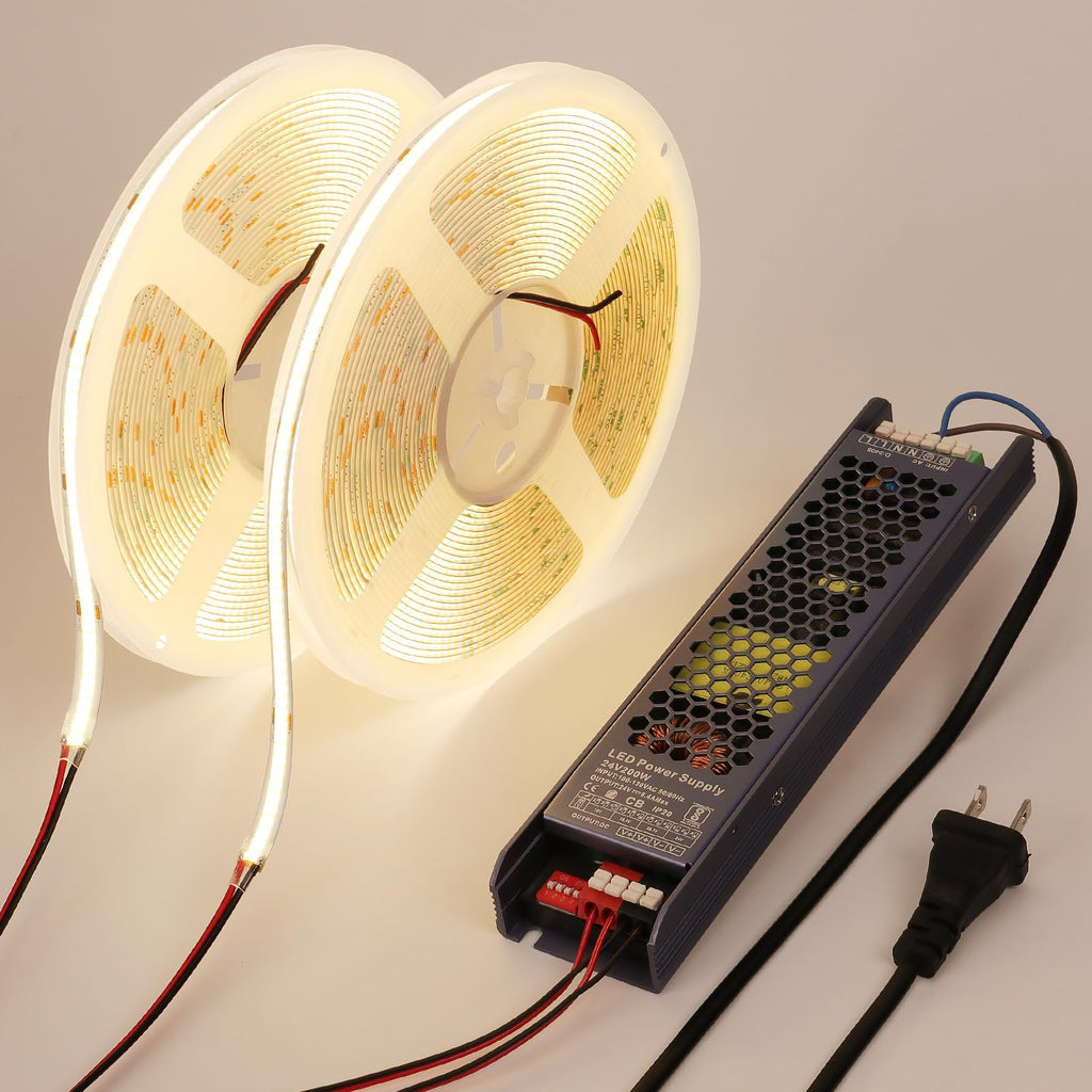 BENLUN 24V COB LED Strip Light 65.6ft (2 Rolls of 32.8ft) Kit, 3000K Warm White Cuttable 11W/M 312LEDs/M CRI 93 LED Tape Lights with Power Supply for Bedroom Kitchen Living Room Ceiling