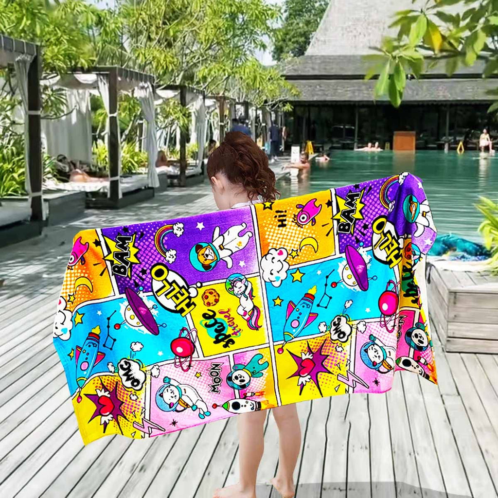 Kids Beach Towel Velour Terry Blanket Throw 100% Cotton Super Soft Absorbent 25.5X51 inches for Bath Swimming Sports Camping Holiday Picnic, Bus Coconut Parasol Lounge Audio Player.