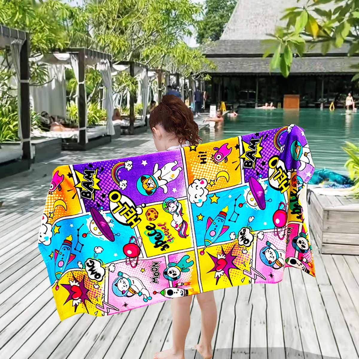 Kids Beach Towel Velour Terry Blanket Throw 100% Cotton Super Soft Absorbent 25.5X51 inches for Bath Swimming Sports Camping Holiday Picnic, Bus Coconut Parasol Lounge Audio Player.