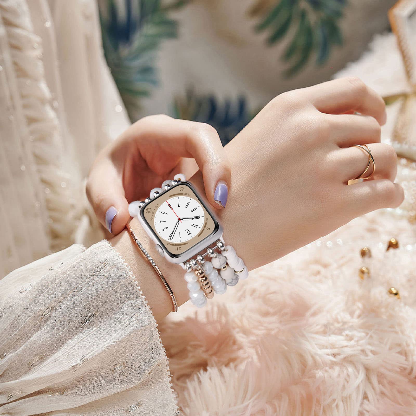 VISOOM Beaded Boho Bracelet Compatible for Apple Watch Band 40mm/38mm/41mm/42mm Series 11 10 9 8 7 SE Series 6/5/4 Women Fashion Cute Handmade Crystal Beads Stretchy Watch Strap for iWatch Bands 3/2/1