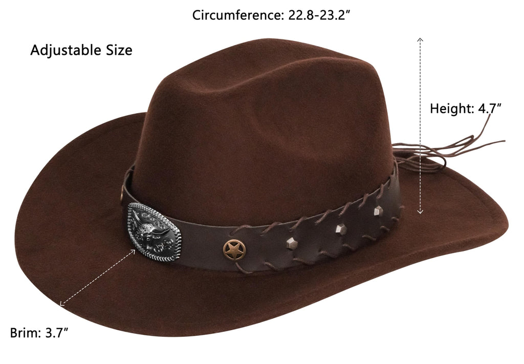 Vintage Western Cowboy Hat for Men Women - Wide Brim Cowgirl Fedora Hats with Braided Rope Band M