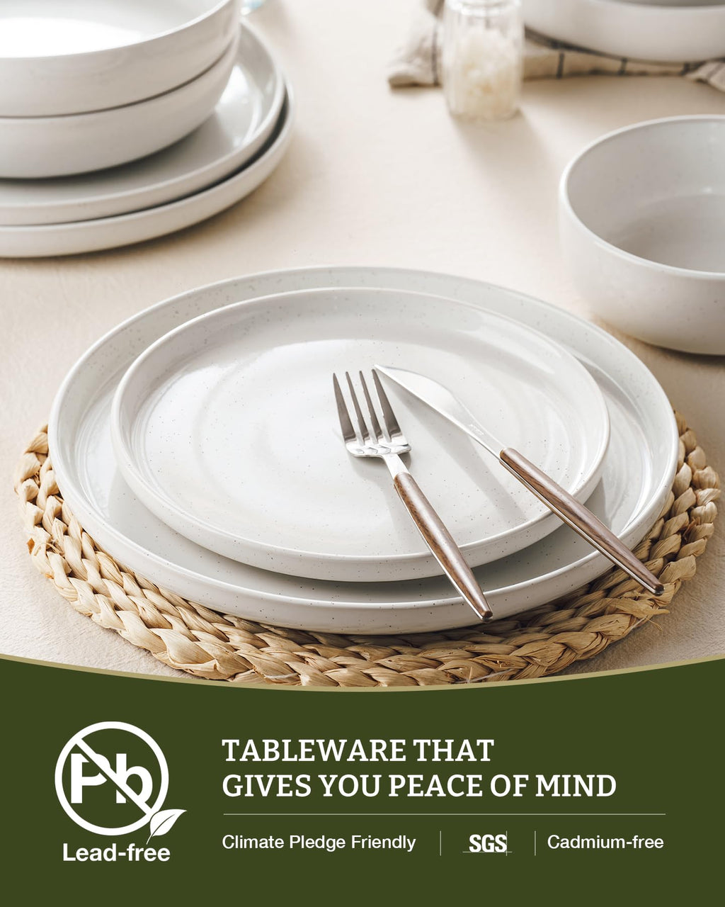Famiware Pluto Stoneware Dinnerware Sets, 12-Piece Double Reactive Glaze Plates and Bowls Sets, Dishware Sets for Everyday & Formal Dining, Irregular Edge Dishes, Service for 4, Matte Beige White