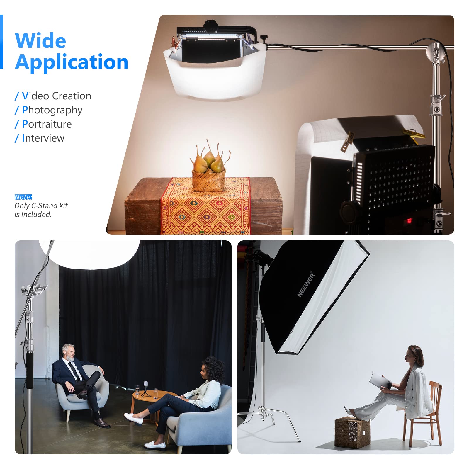 NEEWER Pro 100% Stainless Steel Heavy Duty C Stand with Boom Arm, Max Height 68"/172cm Photography Light Stand with 2.7ft/83cm Holding Arm, 2 Grip Head for Studio Monolight, Softbox, Reflector, SC172