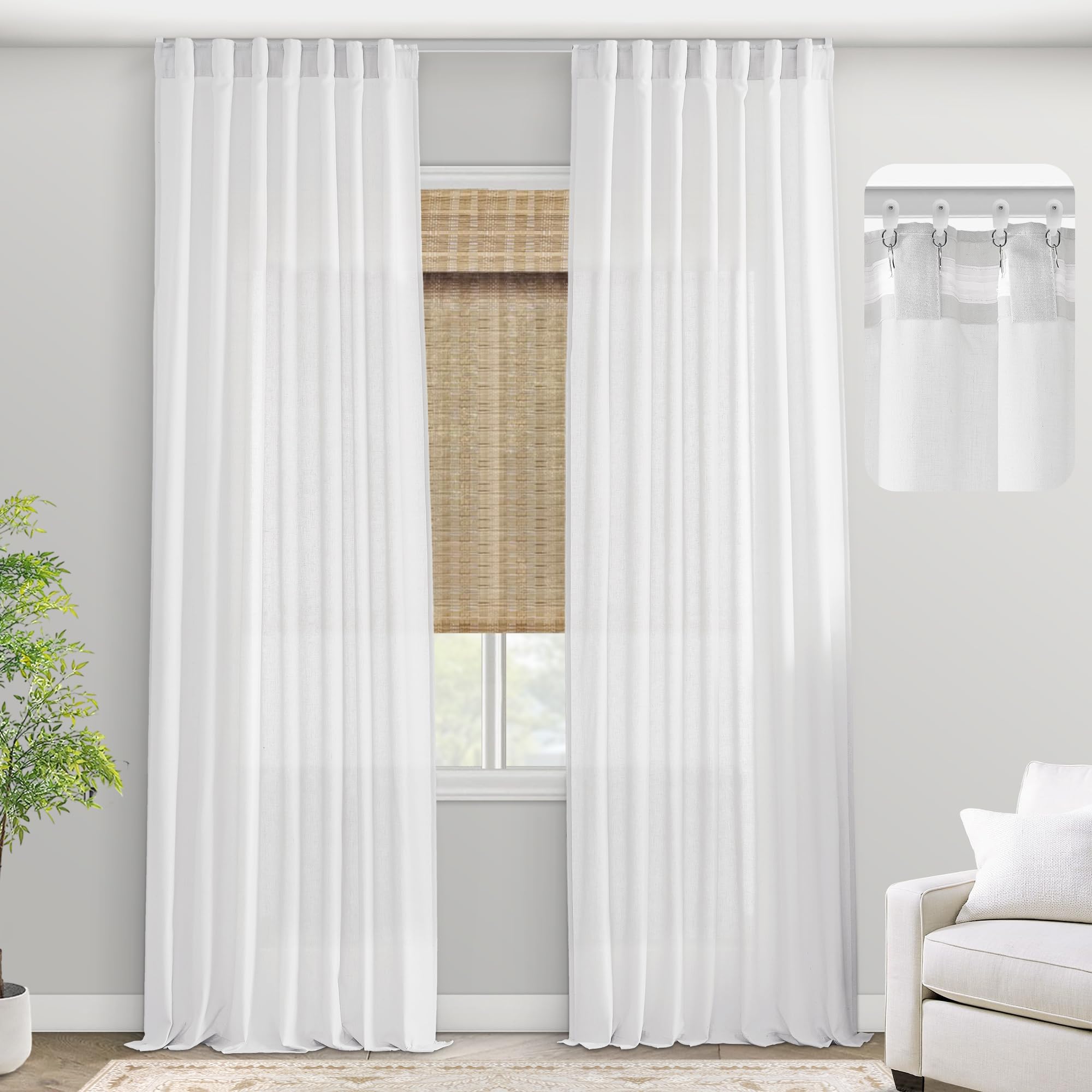 Black Linen Cotton Blend Sheer Curtains, Moody Light Filtering Drapes for Dark Academia Inspired Study Bedroom Living Room, 84 Inch Long 2 Panels Set