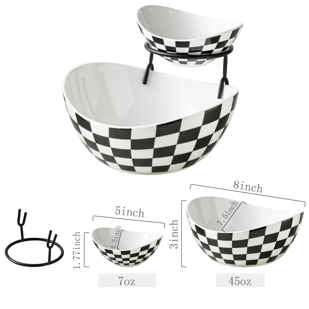 Miamolo 3 Tier Serving Bowls with Stand for Entertaining Party | Ceramic, Chip and Dip Set | Food Display for Fruit Salad Snacks | Space-saving Storage | Microwave & Dishwasher Safe