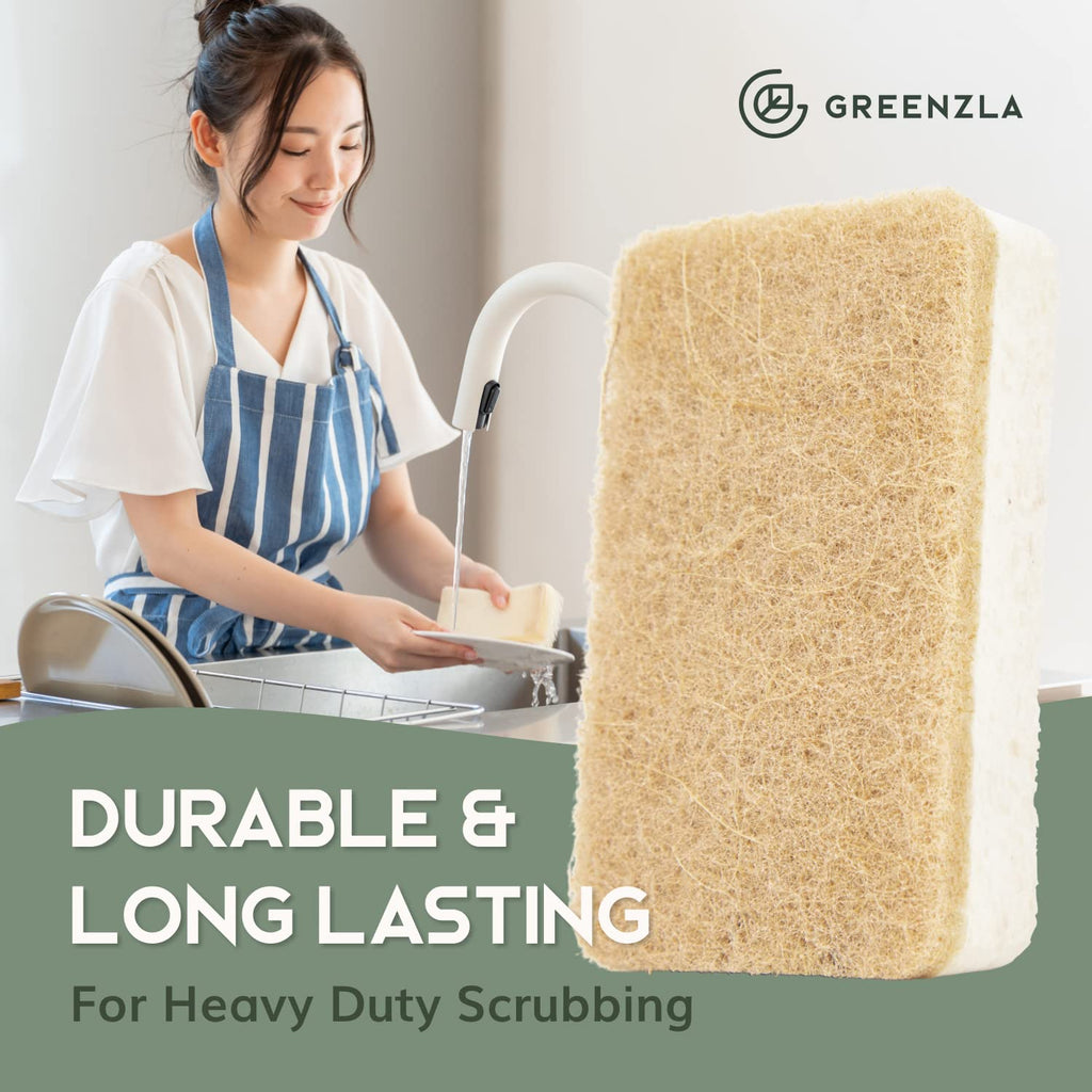 Greenzla Kitchen Sponges, Odor Free Plant-Based Dish Sponges, Non-Scratch Sisal Hemp Scouring Pads for Dishes, Countertops, Bathtubs, and Tiles, 6 Pack