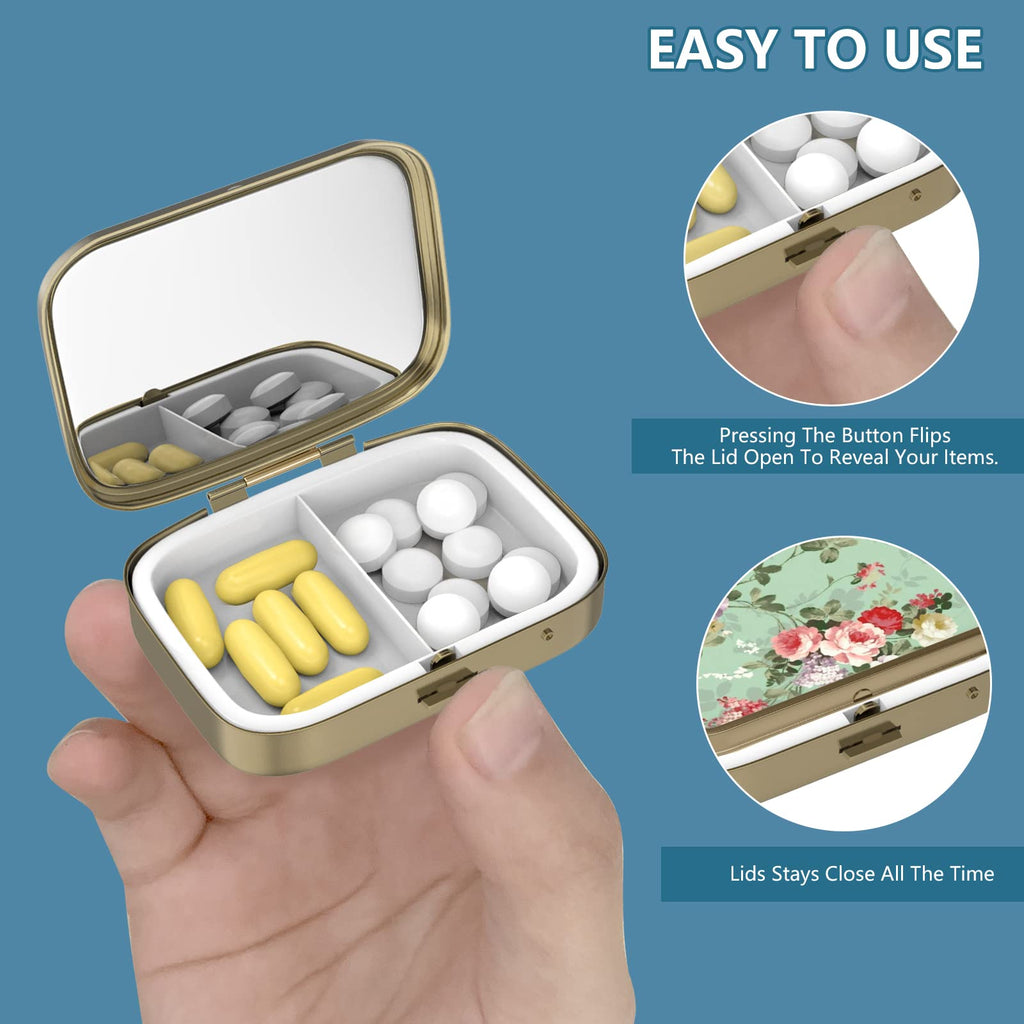 Pill Case Pill Box with Mirror Retro 2 Compartment Small Pill Case for Purse or Pocket Bronze Rectangular Pill Box or Vitamins, Fish Oil, Supplements, Pill Containe Travel Gifts（Retro Red Flowers）