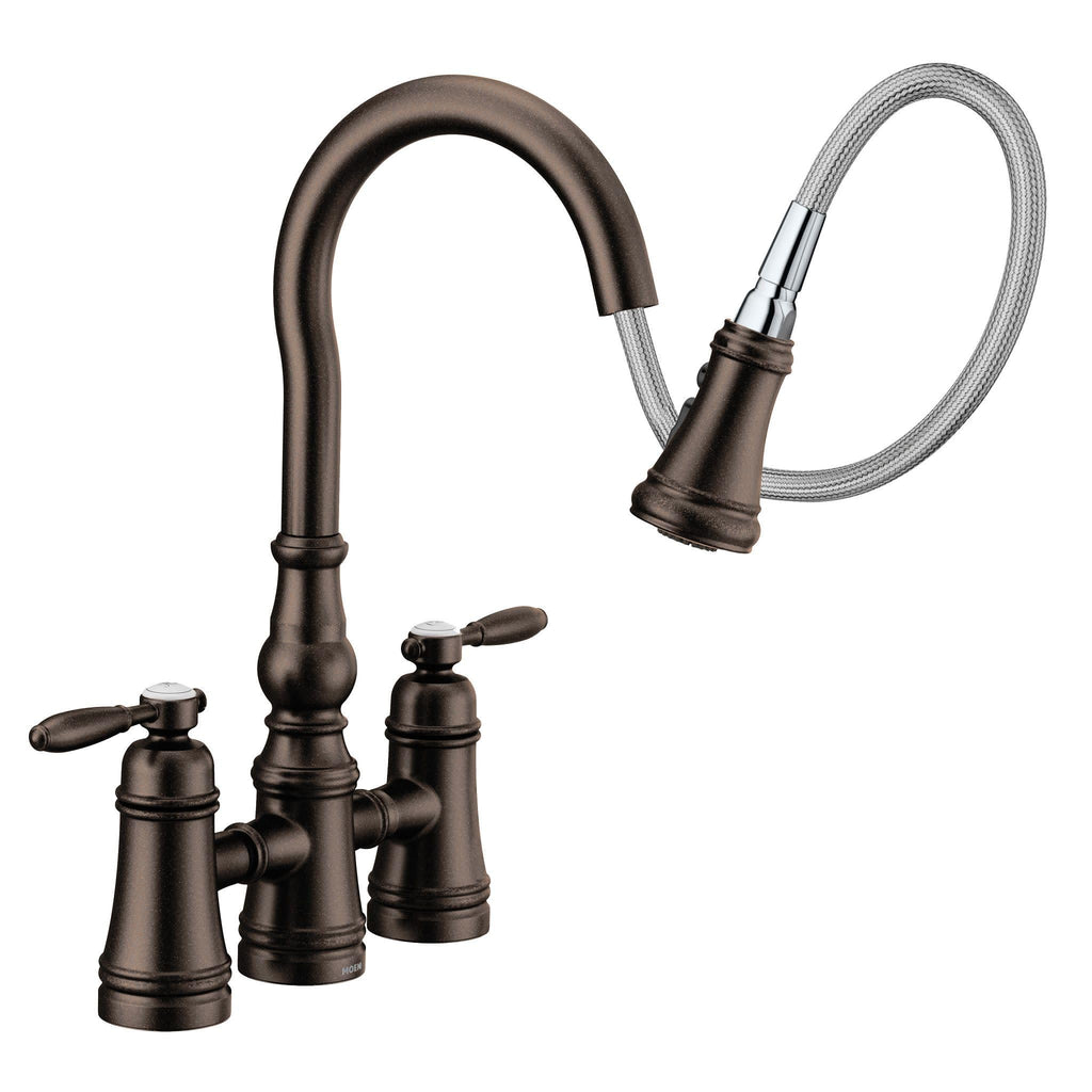 Moen Brushed Gold Weymouth Two Handle Pulldown Bridge Kitchen Faucet, S73204BG