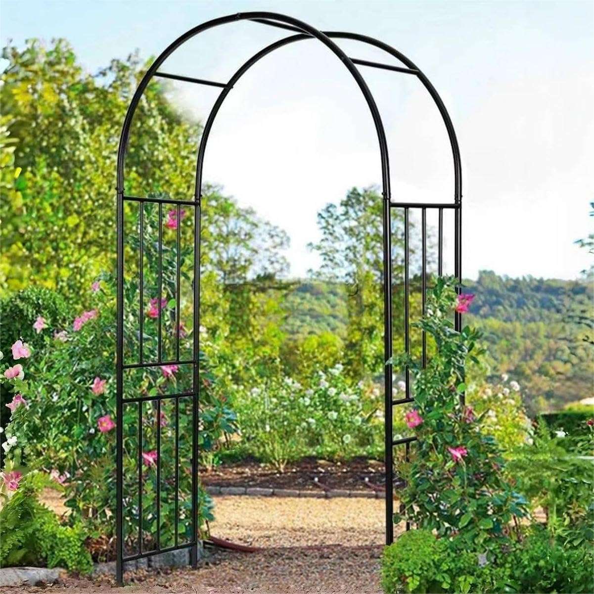 LDAILY Moccha Garden Arch Arbor Trellis, 7.2Ft Outdoor Steel Arbor with Stakes, Metal Archway for Climbing Plants, Wide Sturdy Garden Arch for Lawn, Party, Ceremony Wedding Decoration, Black (1 Piece)