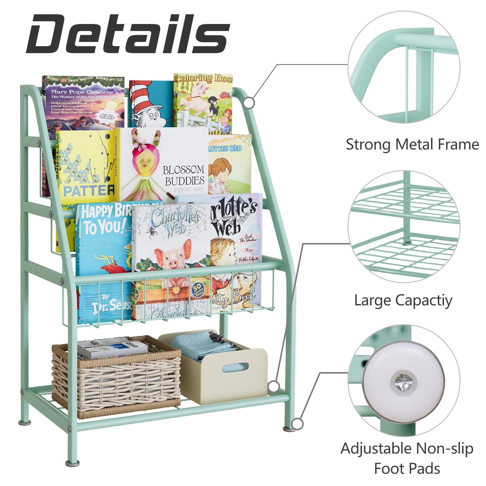 aboxoo Metal Kids Bookshelf Black Large Freestanding for Children Room 32 in Toy Organizer Large Stable Bookcase Bookstore Library Book Unit Storage Kids Bed Living Room