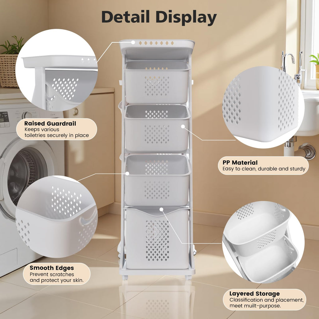 BAOKALER Rolling Laundry Hamper Cart with Wheels, 3 Tier White Laundry Baskets, Clothes Hamper with Portable Storage Baskets for Kitchens, Bathrooms, Bedrooms, Classrooms, Laundry Rooms(75L)