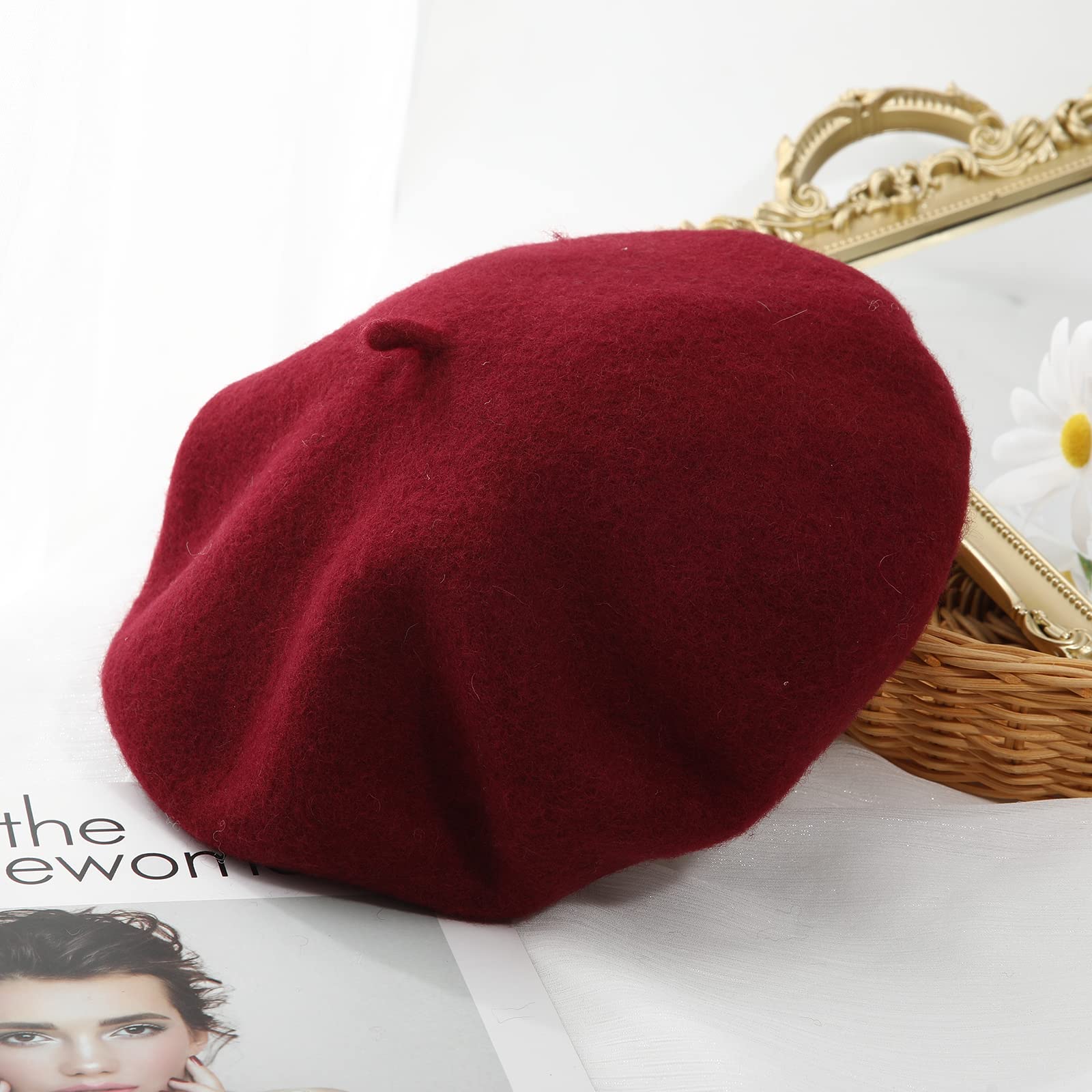 Women French Wool Beret Hats - Solid Color Classic Beanie Winter Cap