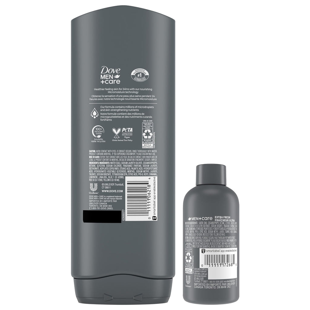 Dove Men+Care Body + Face Wash, Extra Fresh 3-Pack + Travel-Size, 24H Nourishing MicroMoisture
