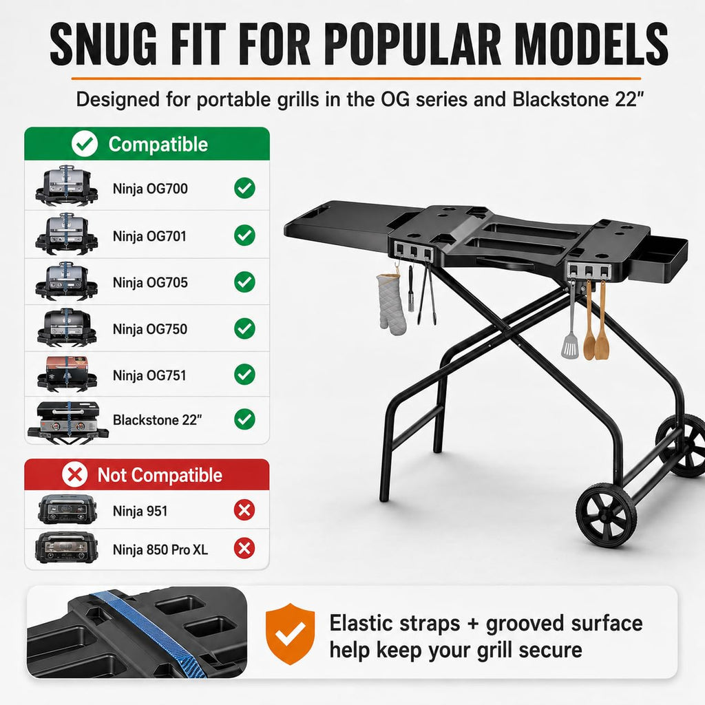 GRISUN Foldable Grill Table Stand for Ninja Woodfire Outdoor Grill（OG700/701/751), Portable Camping Table for Blackstone 22", Portable BBQ Stand with 2 Wheels, Side Table & Storage Basket