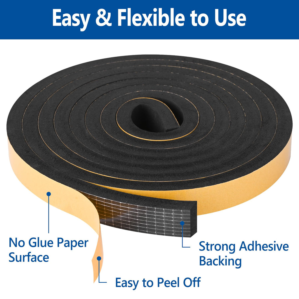 Kikerike Self Adhesive Foam Tape Weatherstrip 1In x 1/2In x 20Ft High Density Foam Insulation Strips Seal Weather Stripping with Strong Adhesive for Door and Window Sound Isolation Soundproofing