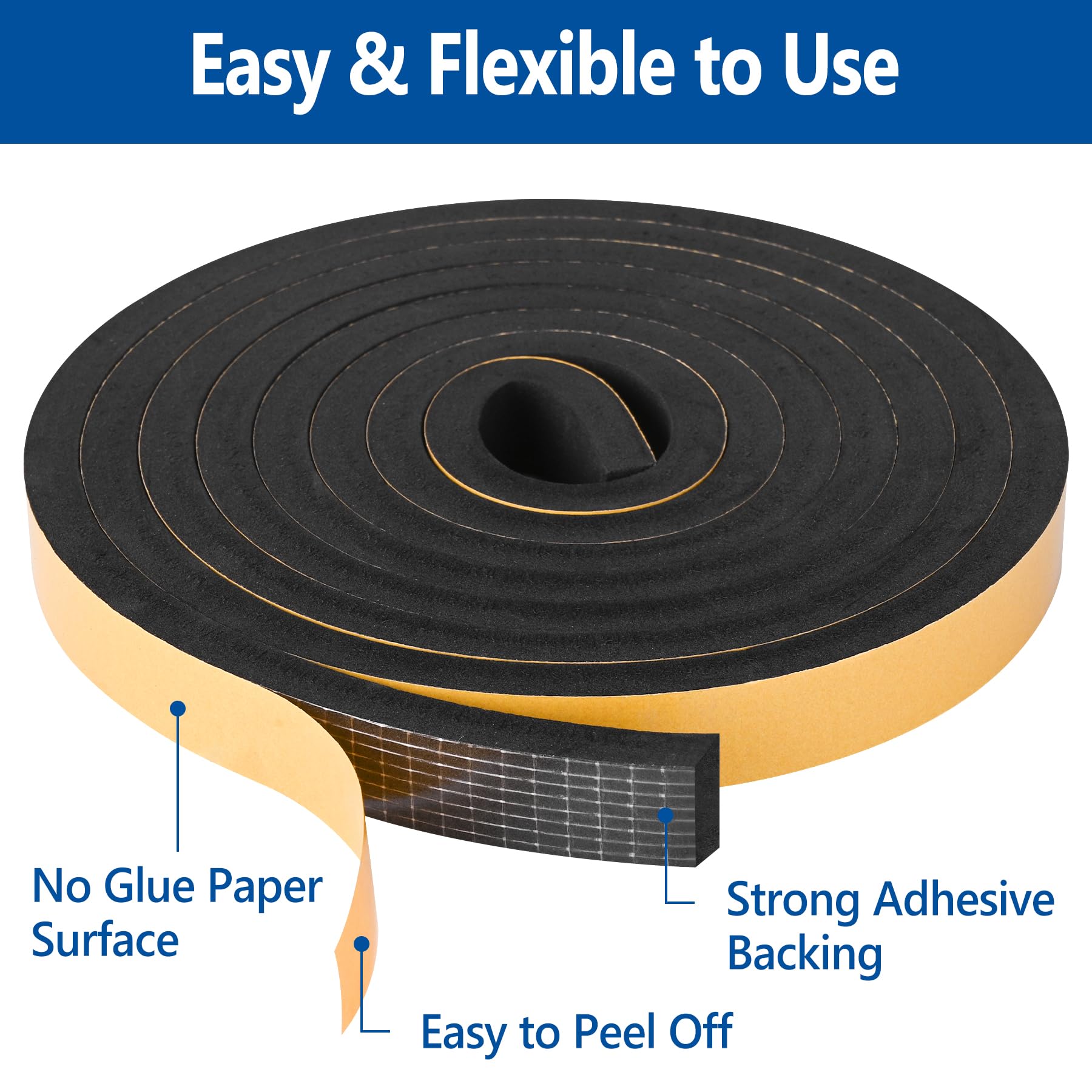 Kikerike Self Adhesive Foam Tape Weatherstrip 1In x 1/2In x 20Ft High Density Foam Insulation Strips Seal Weather Stripping with Strong Adhesive for Door and Window Sound Isolation Soundproofing