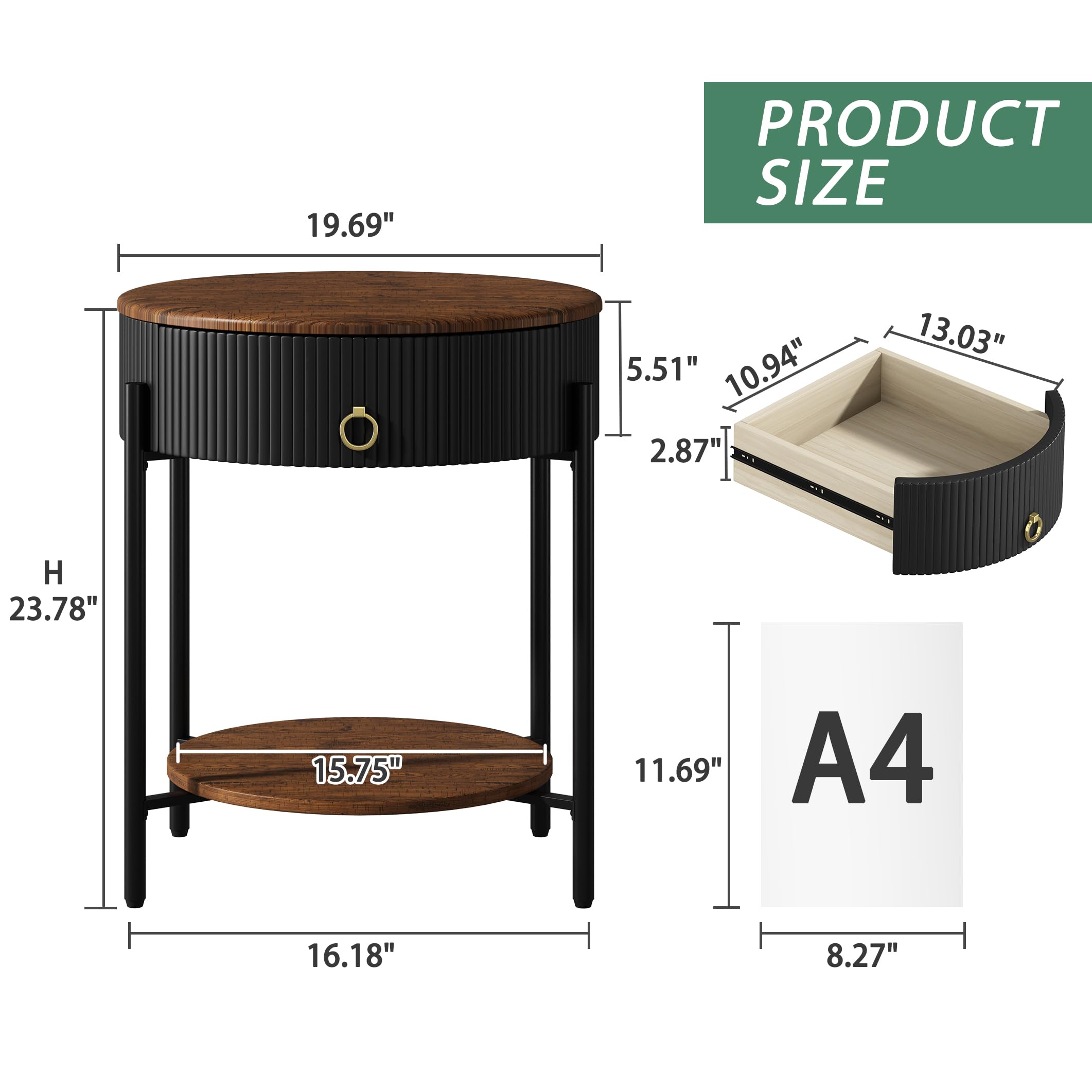 OIOG Modern Side Table with Drawer, Industrial 2 Tier End Table with Shelf, Wood Grain Nightstand with Storage for Living Room, Bedroom, Office, Dorm, Black