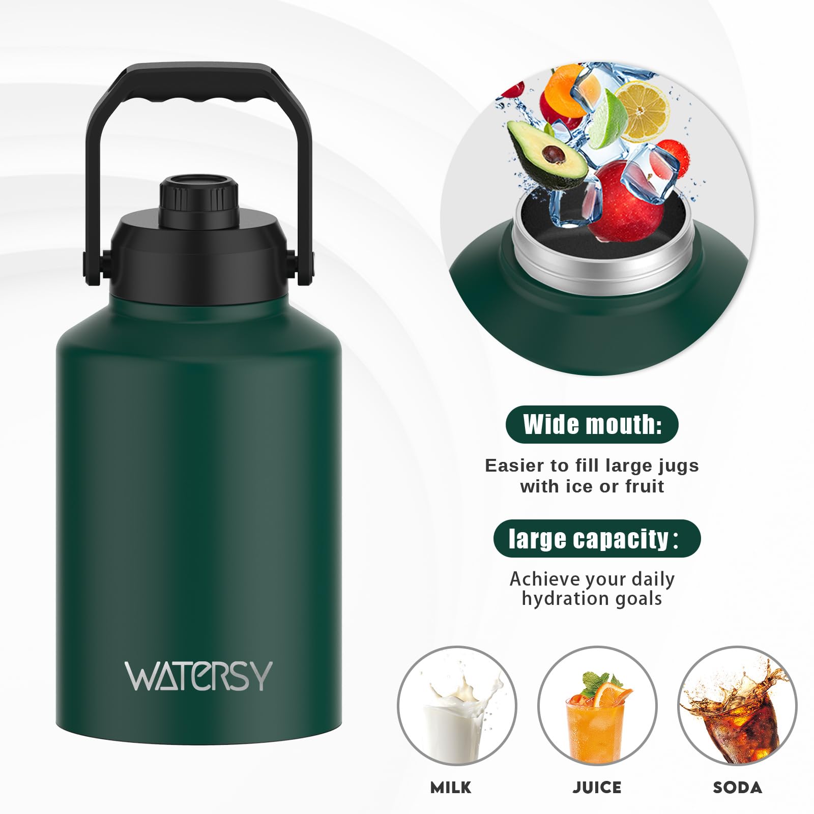 WATERSY Half Gallon Water Bottle Insulated(Cold for 48 Hrs),BPA Free&Leak Proof,64oz Stainless Steel Water Jug/Flask,Big thermo,Large Water Bottle with Handle for Gym,Hiking,Camping,Black
