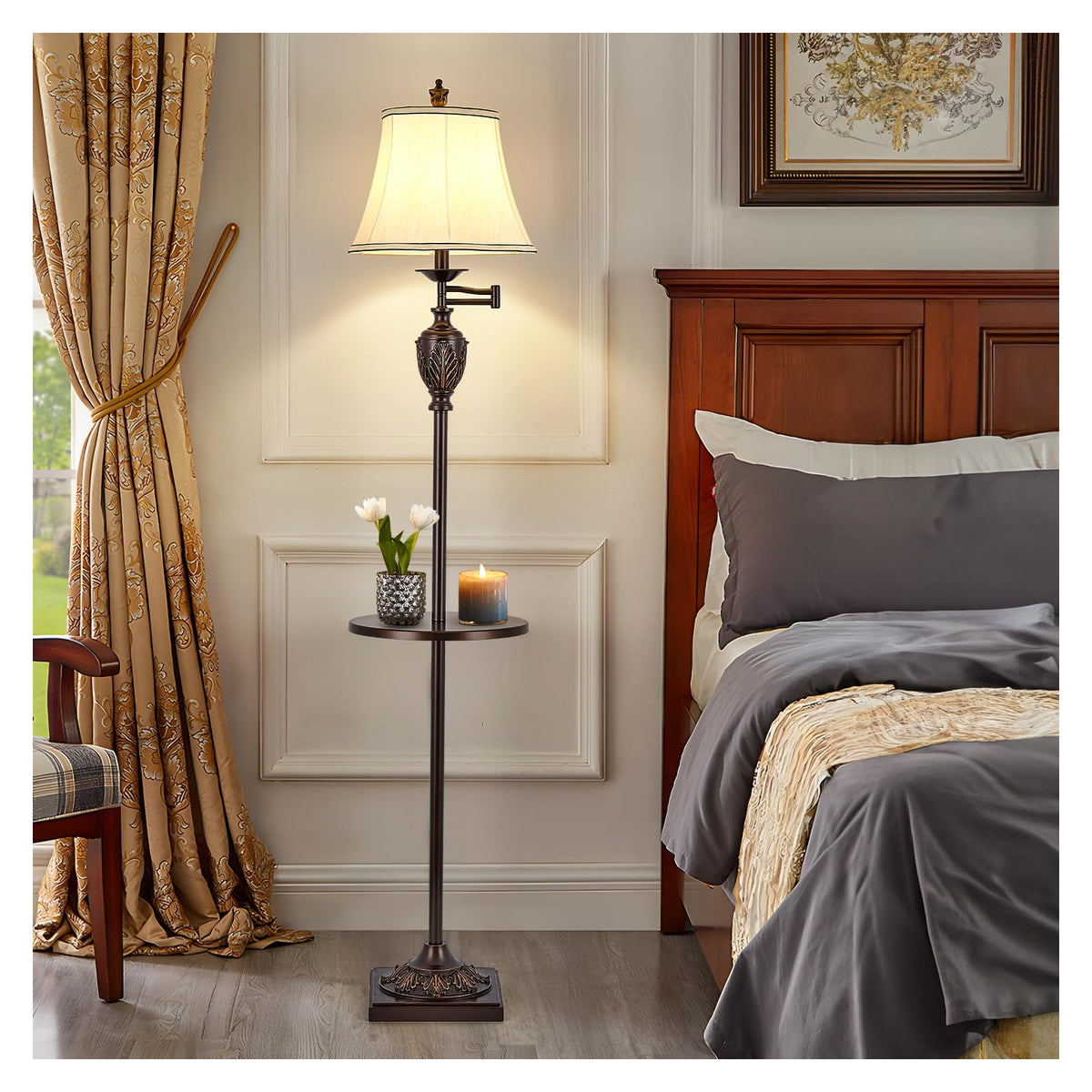 Traditional LED Floor Lamp with 350° Adjustable Swing Arm Lamp – Vintage Standing Pole lamp for Living Room, Bedroom and Office – Rustic Upright Floor Light for Home Décor with Silk Fabric Shade