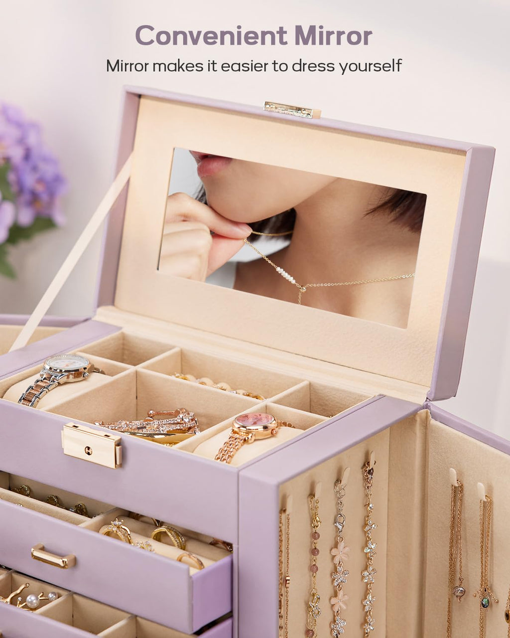 Homde Mothers Day Gifts Synthetic Leather Huge Jewelry Box Mirrored Watch Organizer Necklace Ring Earring Storage Lockable Gift Case (Black + Gold)