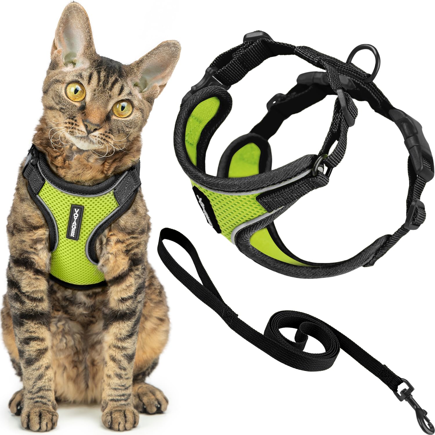 Voyager Escape-Proof Step-in Lock Cat Harness & 5ft Neoprene-Handle Leash Set All-Weather Mesh with Reflective Stitching for Small to Large Cats by Best Pet Supplies, Army (327), XXXS