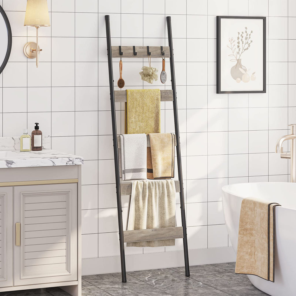 HOOBRO Blanket Ladder, 5-Tier Towel Rack with Hooks, Wall-Leaning Blanket Rack, Decorative Display Ladder Shelf, Scarves, Industrial, Living Room, Bedroom, Black BB52CJ01