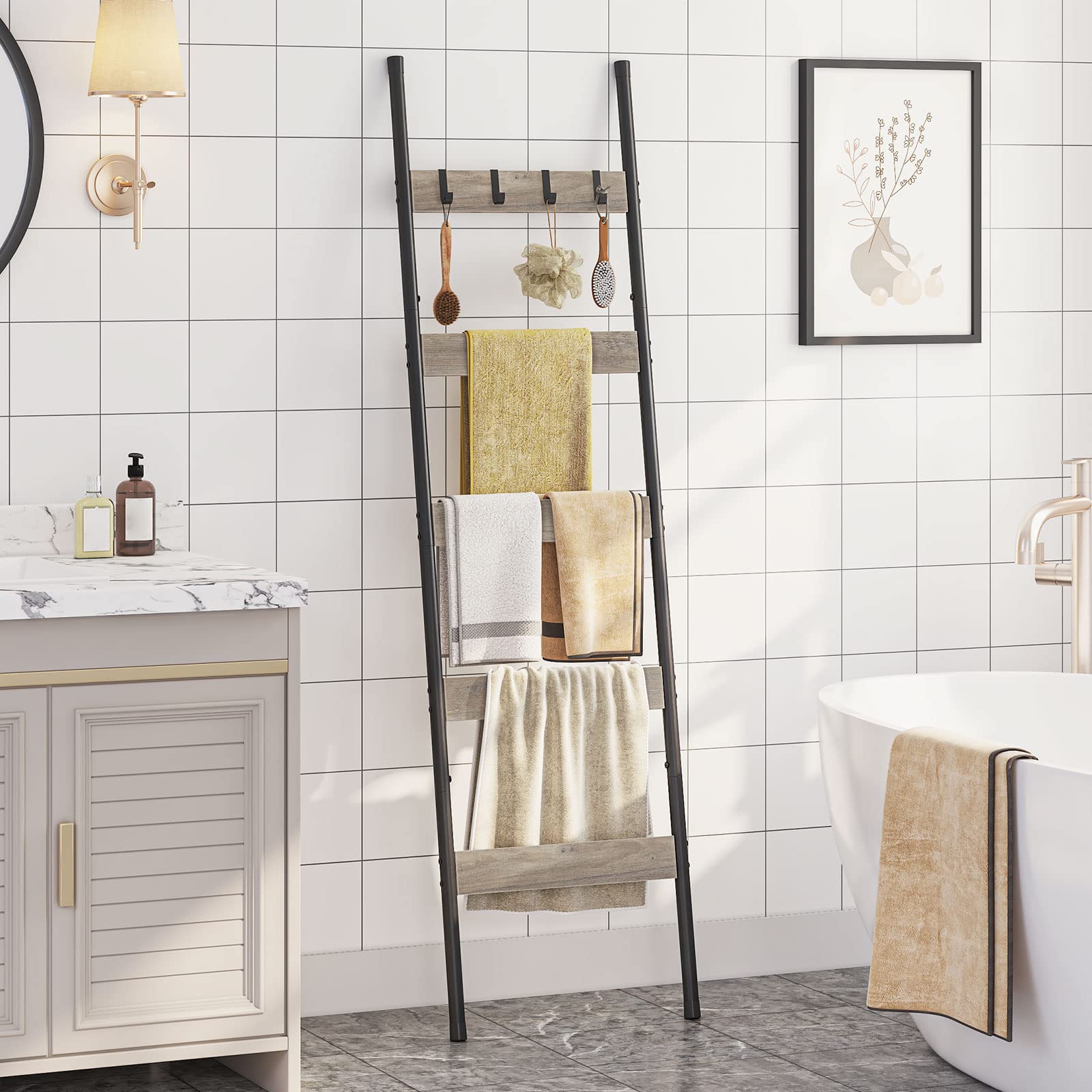 HOOBRO Blanket Ladder, 5-Tier Towel Rack with Hooks, Wall-Leaning Blanket Rack, Decorative Display Ladder Shelf, Scarves, Industrial, Living Room, Bedroom, Black BB52CJ01